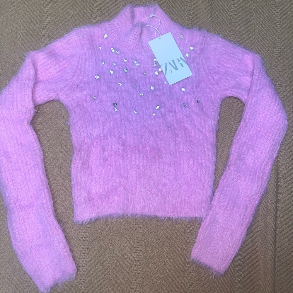 Zara Pink Rhinestone Fuzzy Sweater Size S NWT